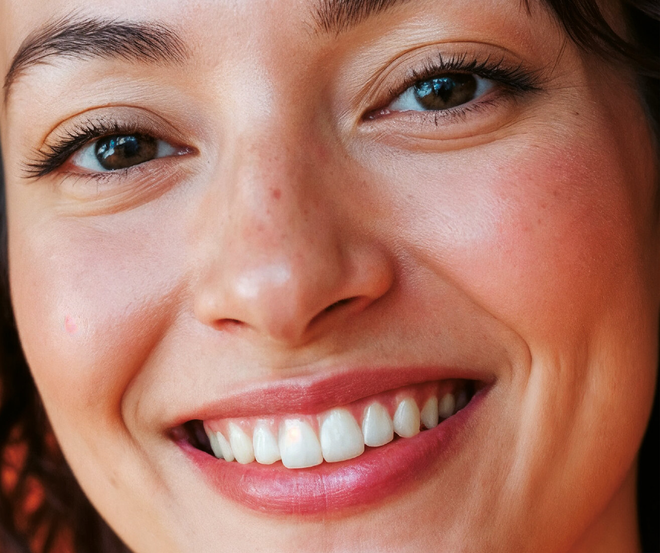 A serene close-up of a patient smiling, calm and at ease